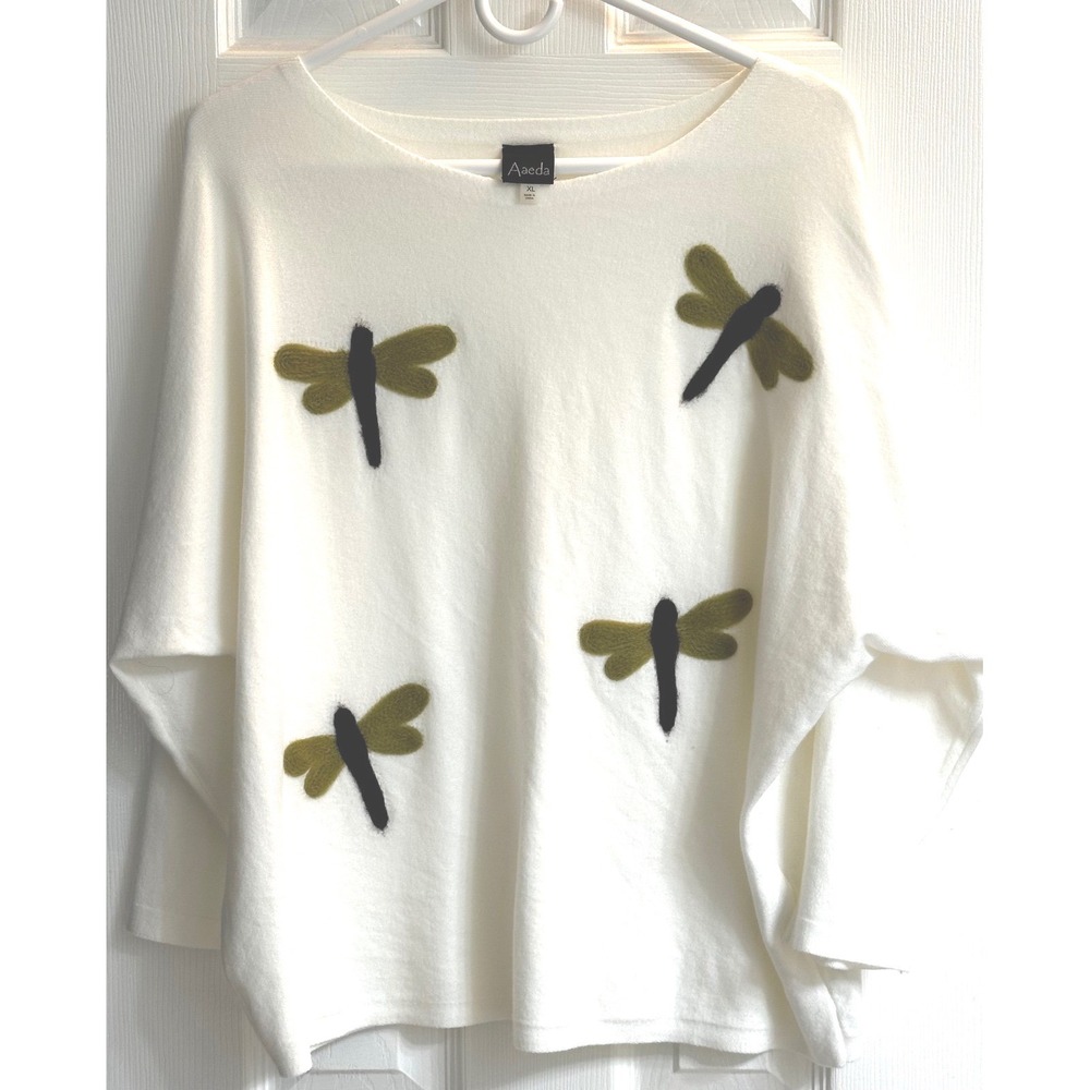 Aaeda Cream Dragonfly Applique Knit Sweater Womens XL‎ Boat Neck Dolman Sleeve